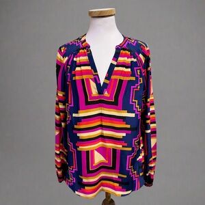ALICE & TRIXIE NAVY & MAGENTA SILK BLOUSE, SIZE S